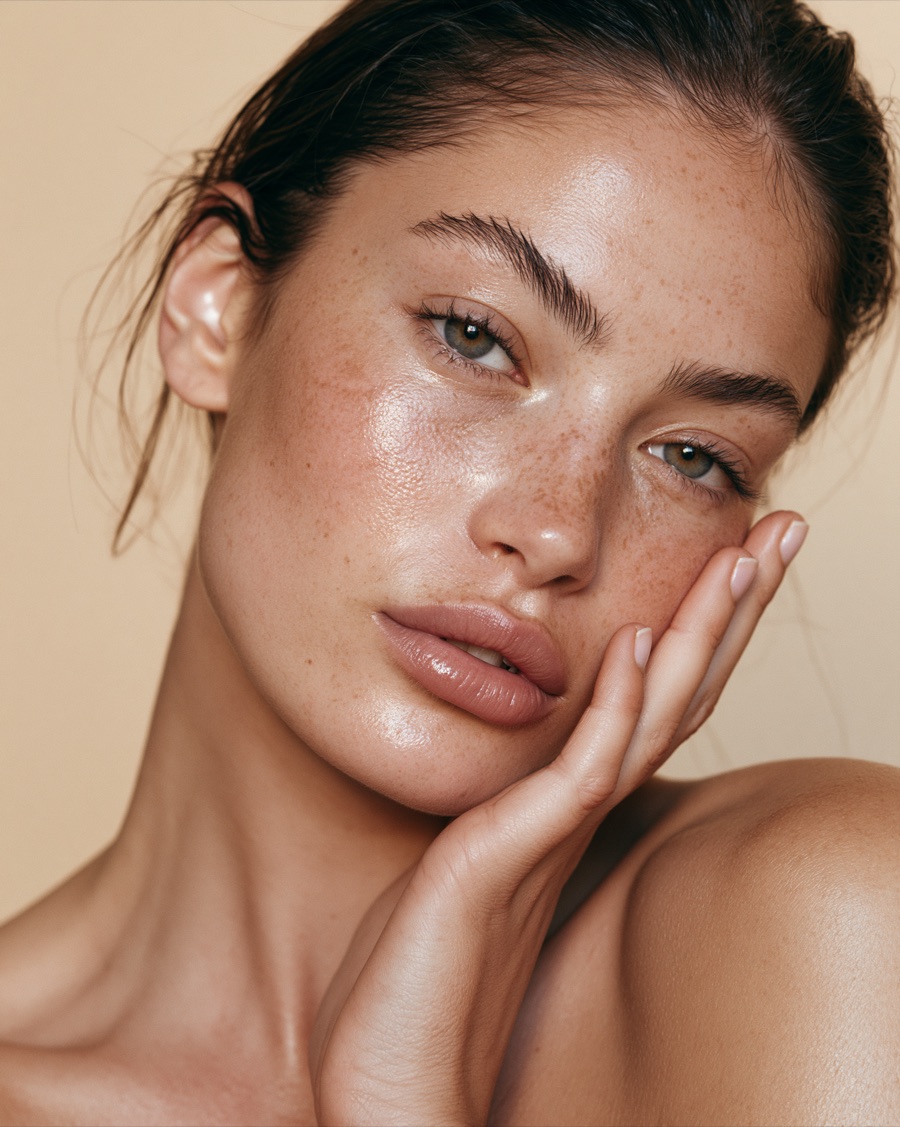 Editorial beauty-portret: een gezicht met sproeten in warm, zacht daglicht